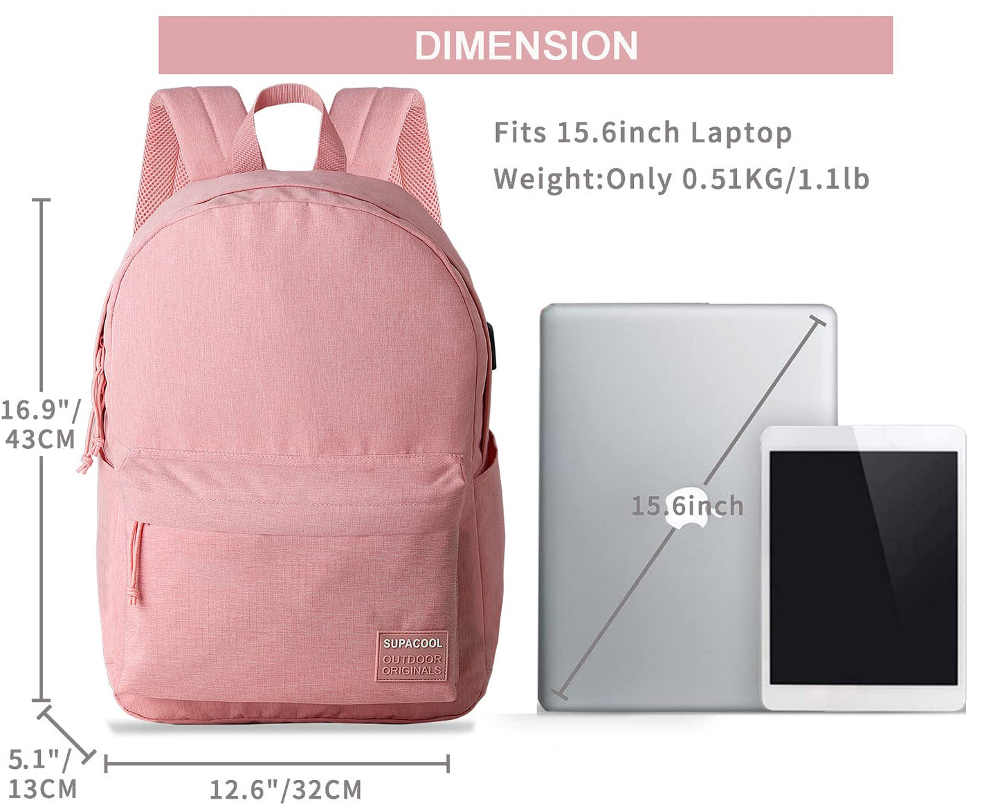 SUPACOOL Casual Laptop Backpack for Men and Women, Backpack for College, USB Charging Port, Lightweight Pack Back(Pink)