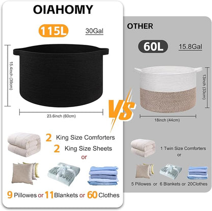 OIAHOMY 115L Extra Large Blanket Basket for Living Room, 23.6" x 15.4" Woven Cotton Rope Laundry Basket for Organizing Pillows, Decorative Stuffed Animal Toy Storage for Nursery, Black