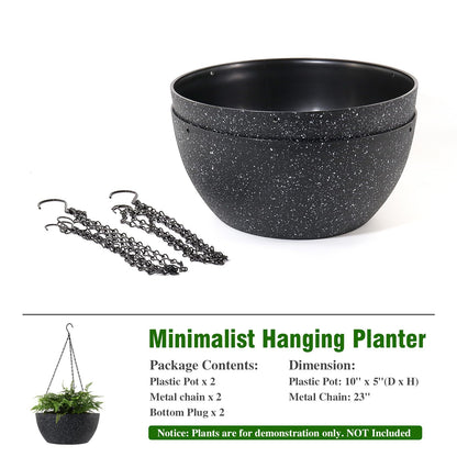 WSMKSZ 10 inch Hanging Planters for Outdoor Indoor Plants with Drainage Holes and Chain, 2 Pack Round Hanging Flower Pots for Garden Home Porch Decor, Speckled Black