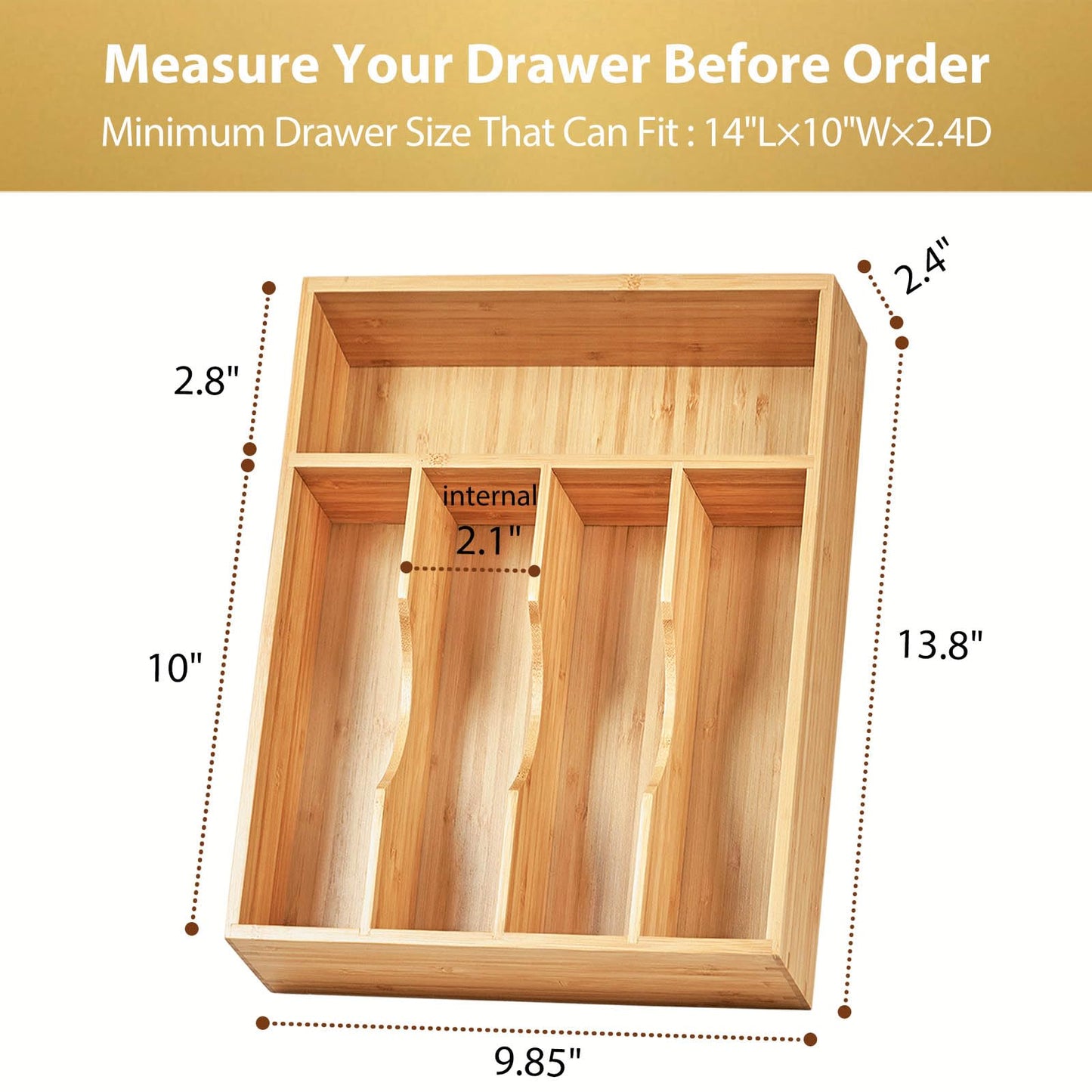 Umilife Bamboo Kitchen Drawer Organizer, 13 Inch Silverware Utensil Tray Holder, Extra Deep Grooved Drawer Divider, 7 Slots Total Bamboo Wood Caddy for Flatware Cutlery Knives, Forks, Spoons