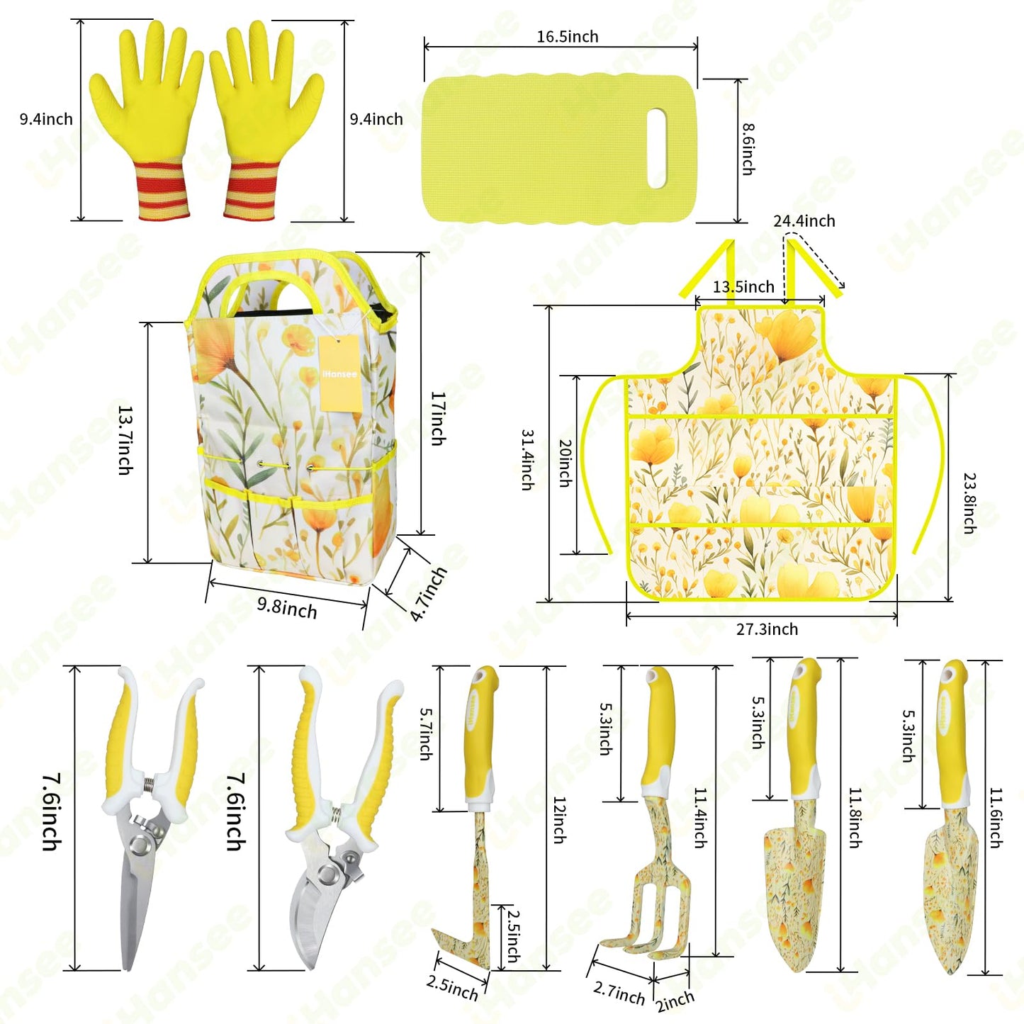 Yellow Garden Tools Set for Women, iHansee 10-Piece Gardening Tool Kit with Handbag, Non-Slip Ergonomic Handles, Gardening Gift for Women, Mom, Garden Lovers