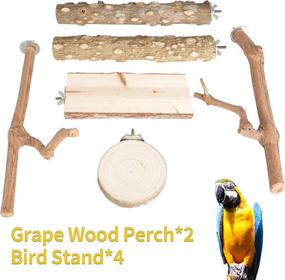 Bird Perch Stand, Pole Standing Natural Wood Bird Perch Set 7PCS Paw Grinding Fork Parrot Cage Branch with Rope Cage Accessories Toys for Parakeets, Cockatiels, Conure, Budgies (Brown 2)