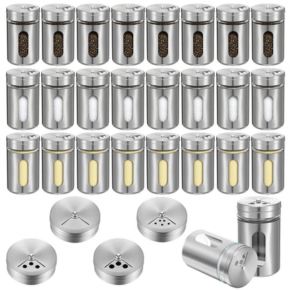 24 Pcs Stainless Steel Spice Jars with Shaker Lids, Seasoning Jars with Adjustable Pour Holes and Glass Window, Empty Spice Bottles for Kitchen Salt Pepper Sugar Seasonings (3.4oz)