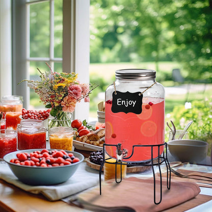 2 Gallon Glass Drink Dispensers for Parties, Sun Tea Glass Jar for Outside Beverage Dispenser with Stand+Lid 2 Press-Spigots(Easy for kids) Fruit Infuser, Beverage Dispensers-Mason Jar