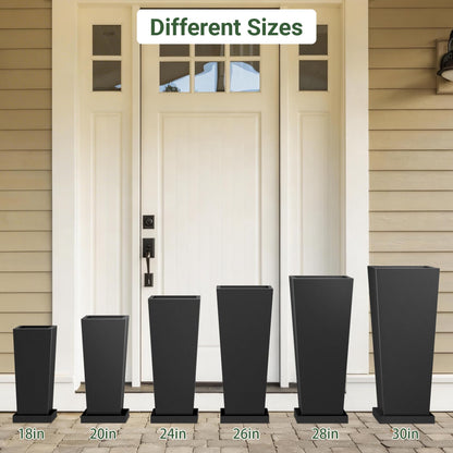 Toriexon Metal Tall Outdoor Planters Set of 2, 24 inch Durable Tall Planters with Rust-Proof Coating & Drainage Insert Shelve & Trays, Black Outdoor Planters for Porch, Garden, Patio, Yard