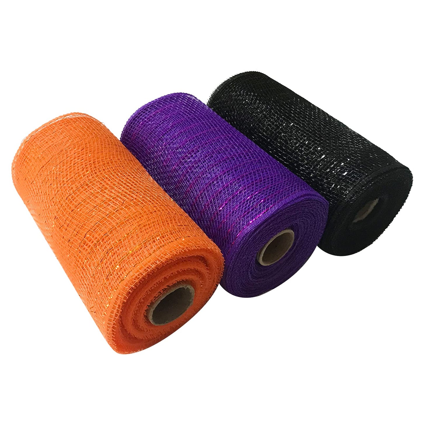 3 Rolls 6 inch x 30 feet Metallic Mesh Deco Poly Mesh Ribbon Roll, Metallic Foil Orange/Purple/Black Deco Mesh Ribbon for Wreaths, Swags and Halloween Decor
