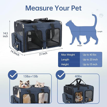 Cat Carrier for 2 Cats - Double Pet Carrier Extra Large, Dual Cabin Multi Cat Travel Carrier with Removable Divider, Collapsible, Can Hold 20 30 40 lbs for Two Small Kitten, Medium Dog Blue