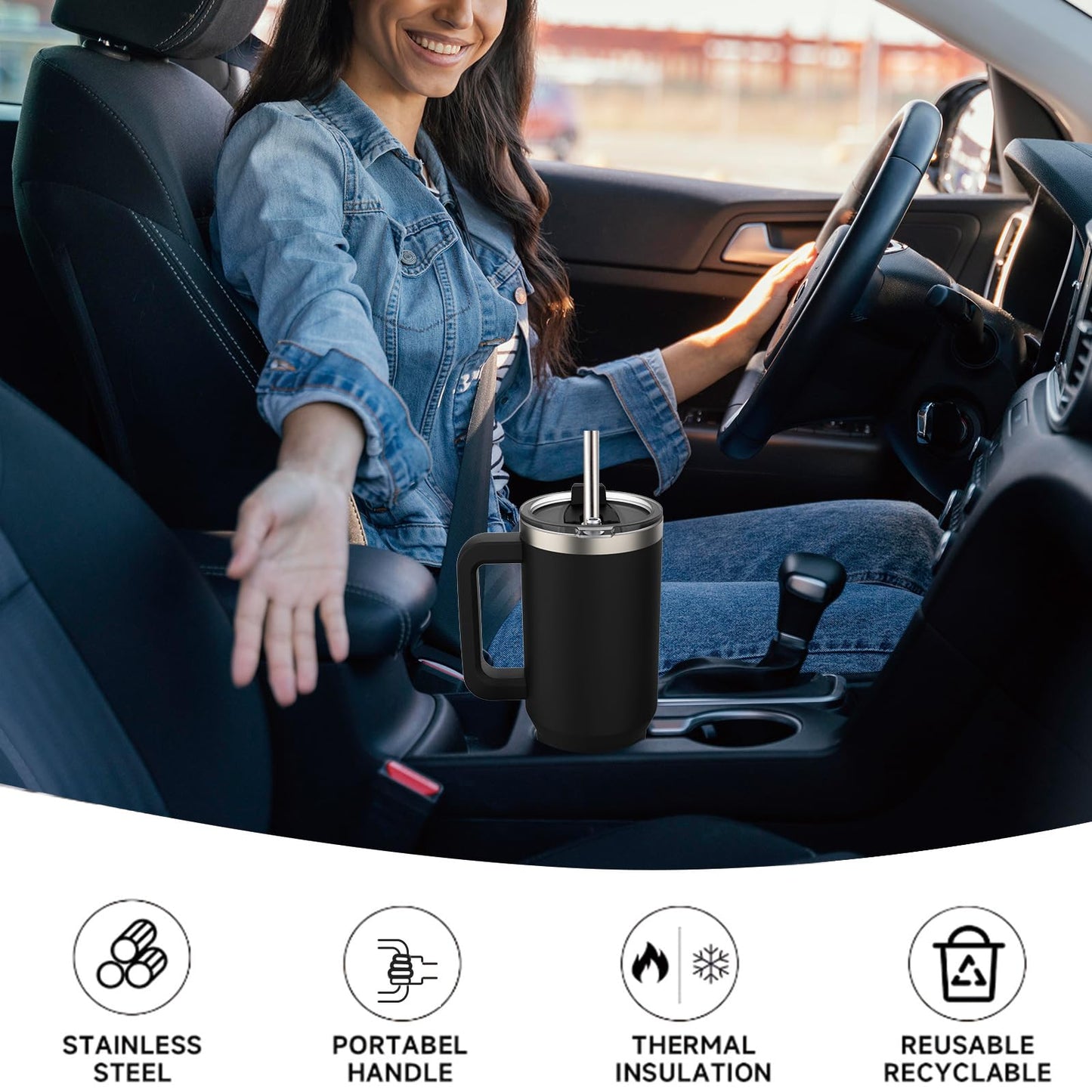 40 oz Tumbler with Handle,Tumbler with Lid and Straw,Double Wall Insulated Cup Stainless Steel Travel Mug(Cold for 34 Hours),Water Bottle for Iced Tea,Coffee,Cold Beverages(Black)