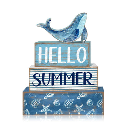 Britimes 4 Pcs Summer Wooden Tiered Tray Decor Set, Ocean Whale Table Decor Rustic Farmhouse Coastal Wood Coffee Table Centerpieces for Home Kitchen Office Decorations (Sea Style)