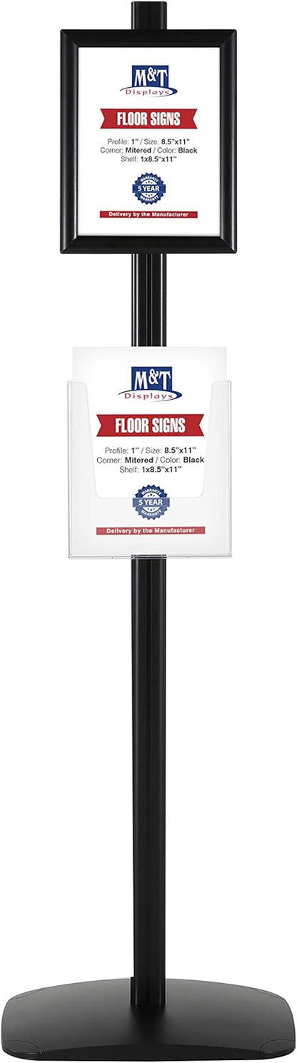 M&T Displays Free Standing Aluminum Display Stand Double Sided Document Brochure Sign Holder Front Loading Portrait Landscape Black Snap Frame 1x(8.5x11) and Clear Acrylic Pocket 1x(8.5x11) Inch