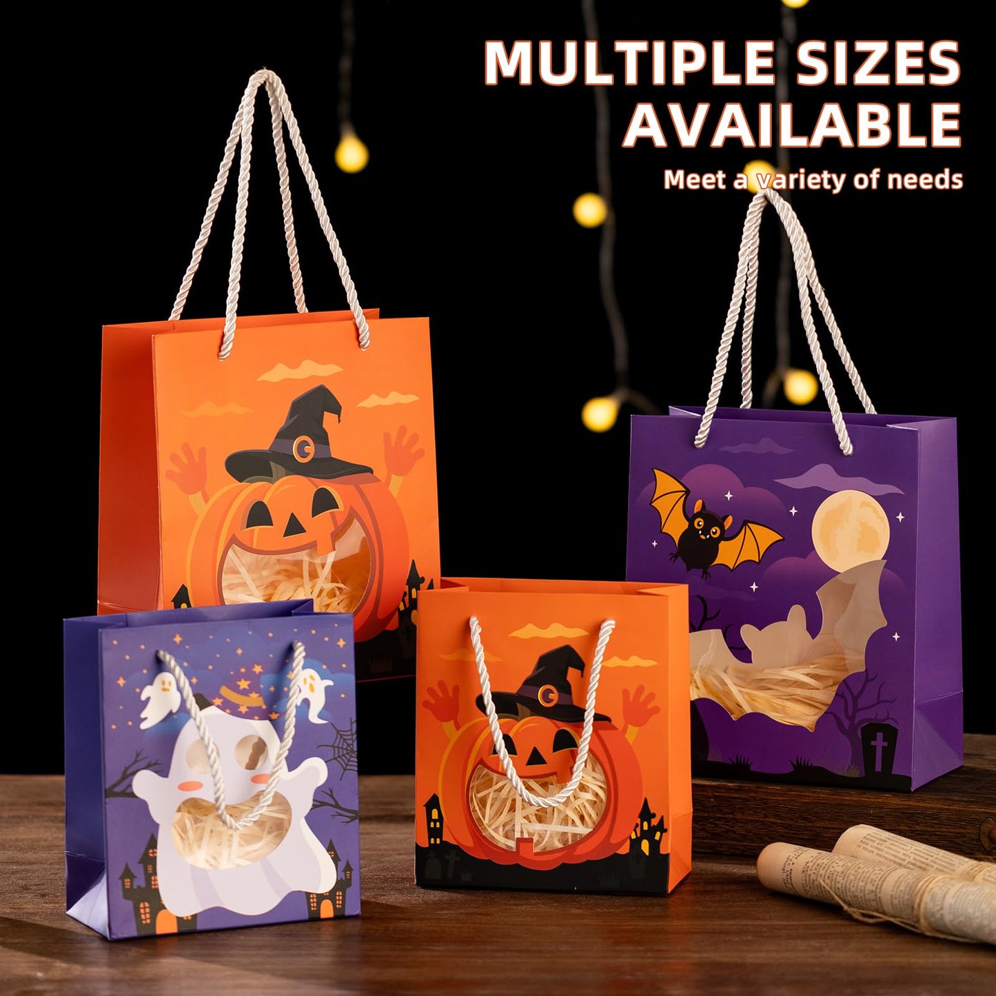 CcXxMming 30 PCS Halloween Treat Bags with Handles and Raffia Grass, 3 Designs Pumpkin Ghost Bat, Small & Medium Sizes, Halloween Candy Goodie Bags with Transparent Window, Party Favor Bags（Medium）