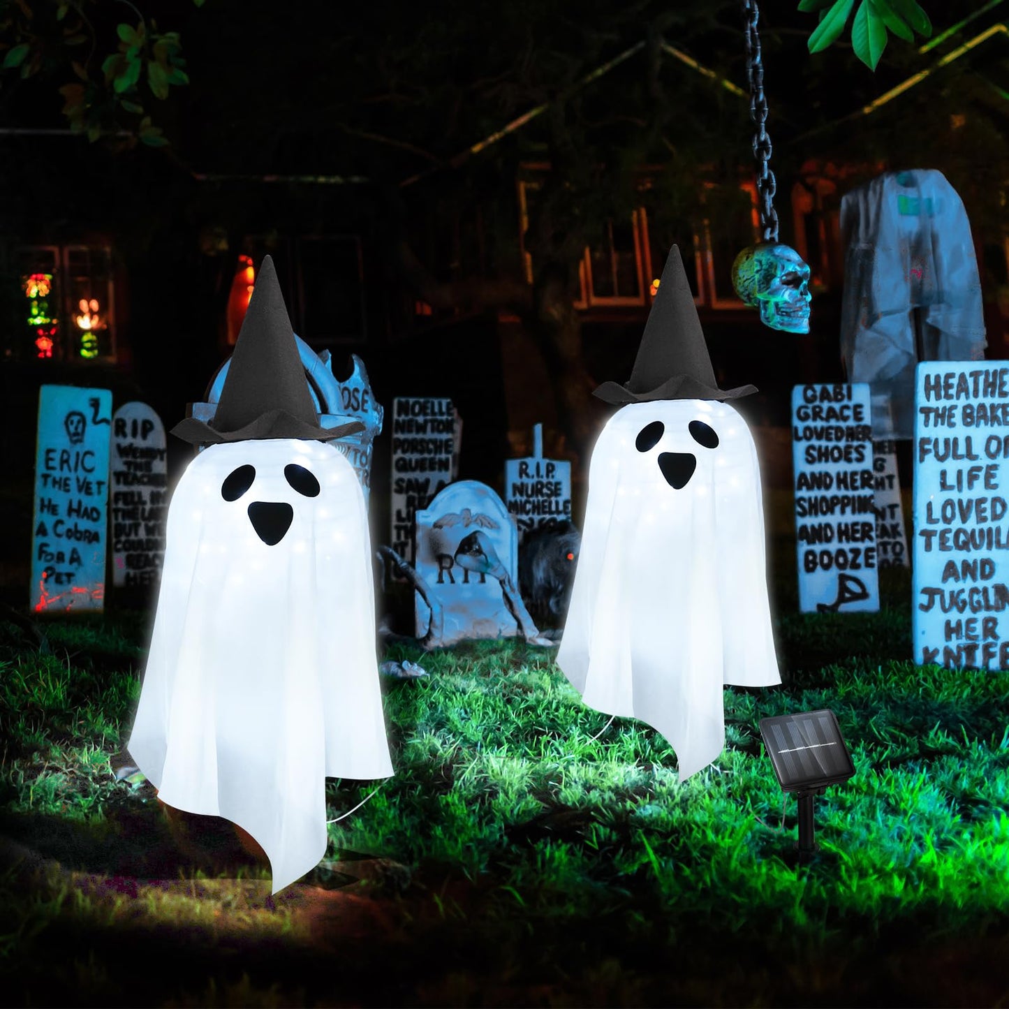 DAYLIGHTIR Solar Halloween Ghost LED Lights Outdoor, Set of 2 Big Ghost with Hat Stake Lights 2 Modes for Outdoor Halloween Pathway Yard Garden Decoration (Cool White-Ghost, 2 Pack)