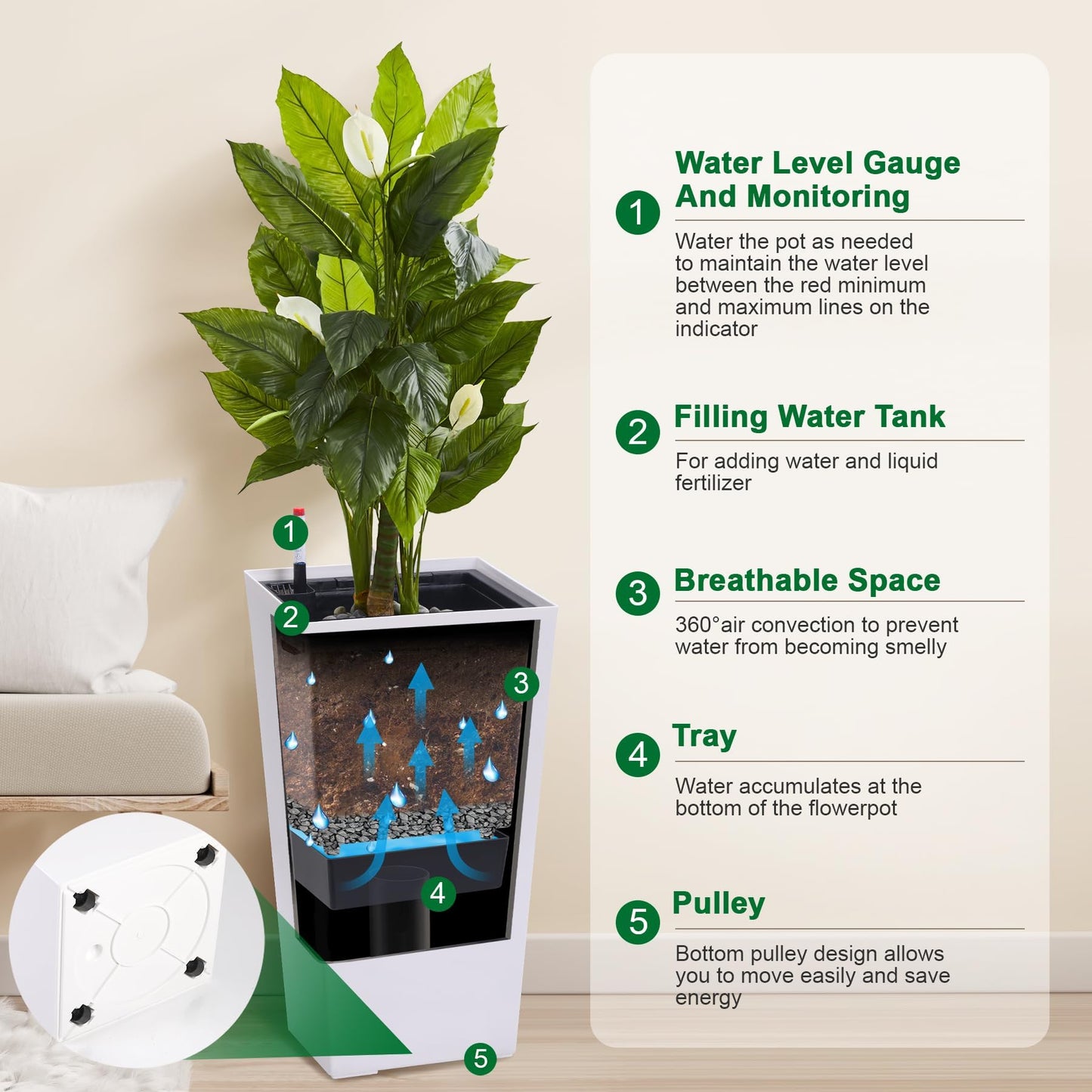 30 Inch Tall Self Watering Planters Set of 2, Outdoor Plant Pots with Automatic Watering System, Water Level Monitor, Drainage, Wheels & Inner Bucket, for Front Porch & Indoor Plants White