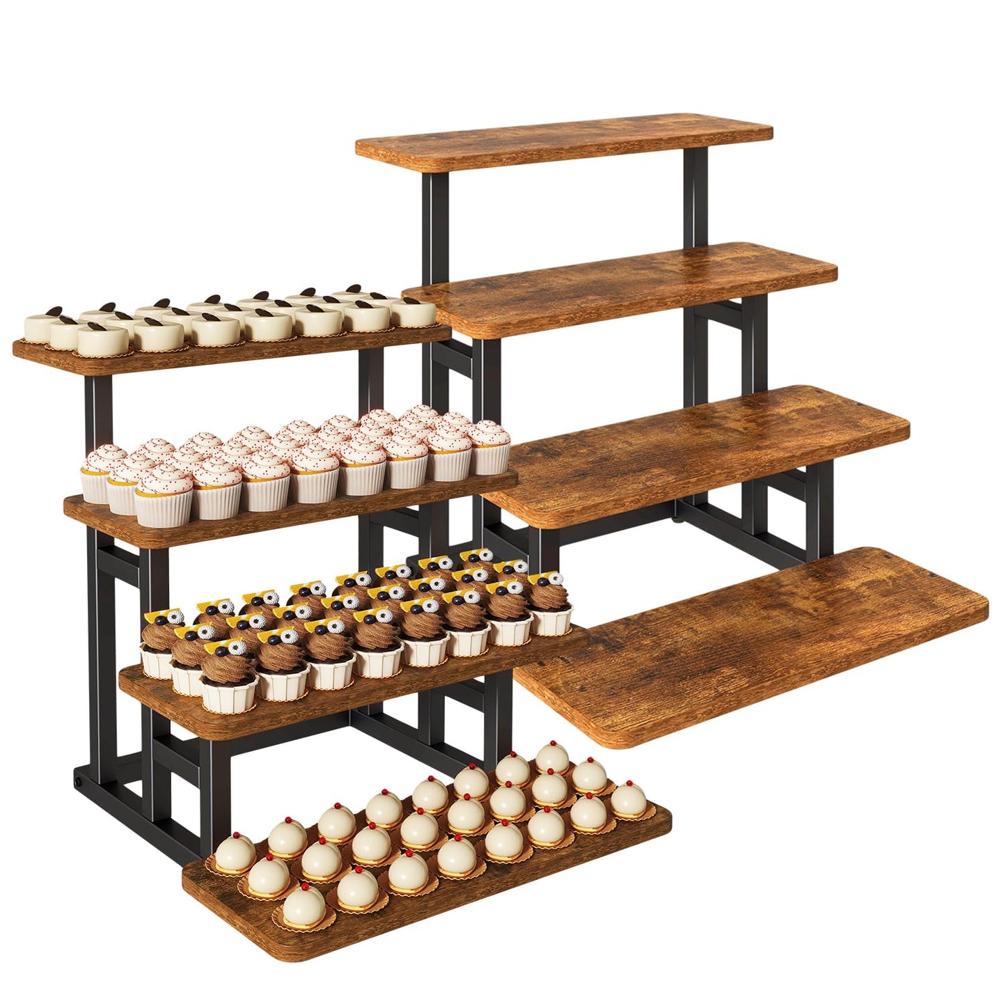 IBUYKE 4 Tier cupcake stand, Set of 2,Wooden Risers Display Stands Serving Trays,Tiered Display Stand,Dessert Table Display for Party,Afternoon Tea,Rustic Brown UTLJ018H-2