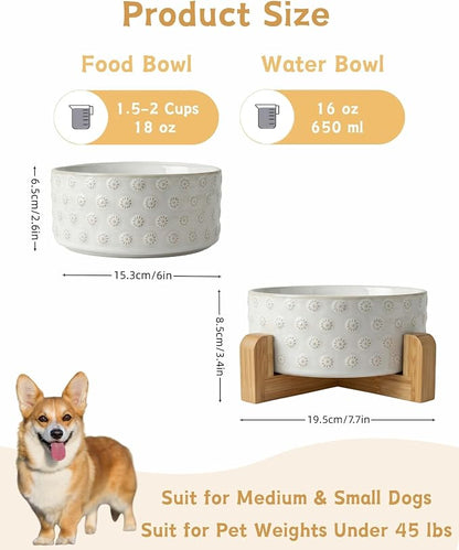 TRUVIC Ceramic Dog Bowl with Wood Stand, Jun Blanc Daisy Relief Dog Food and Water Bowl, 2 Cup/14 oz Puppy Food Bowl for Medium Dogs, Dishwasher Safe, Modern Geometric, Daisy