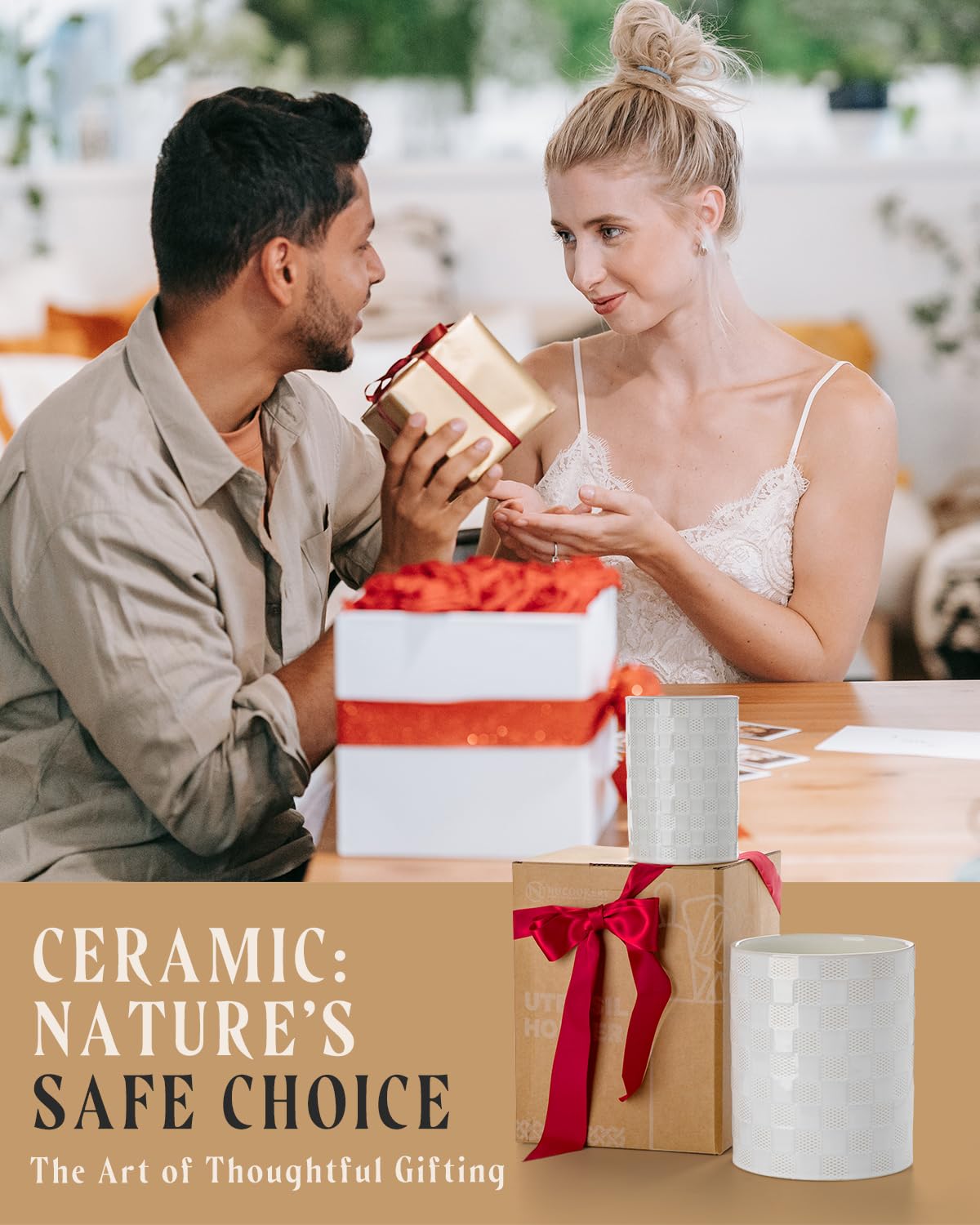 Nucookery Utensil Holder for Kitchen Counter, White Large Stable Ceramic Cooking Utensil Crock for Countertop Organizer, Farmhouse Decor, Set of 2, 7.1"&5.4", Christmas Thanksgiving Gift, Checkered