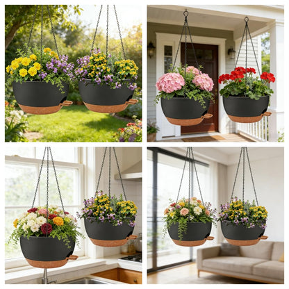 zople 2 Pack 12 Inch Self Watering Hanging Planters for Indoor Plants, Large Black Brown Plastic Hanging Pots with Chains for Outdoor Patio Garden Home Decor Black Brown