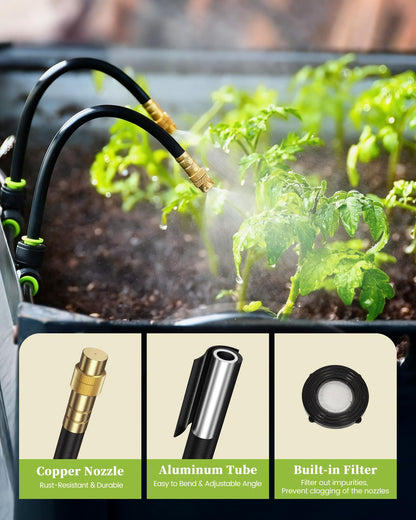 RAINPOINT 50FT Drip Irrigation System, Garden Watering Kit with 15pcs 360°Adjustable Copper Nozzles, Automatic Atomizing Watering Sprinkler System for Greenhouse, Lawn, Raised Beds, Outdoor Plants
