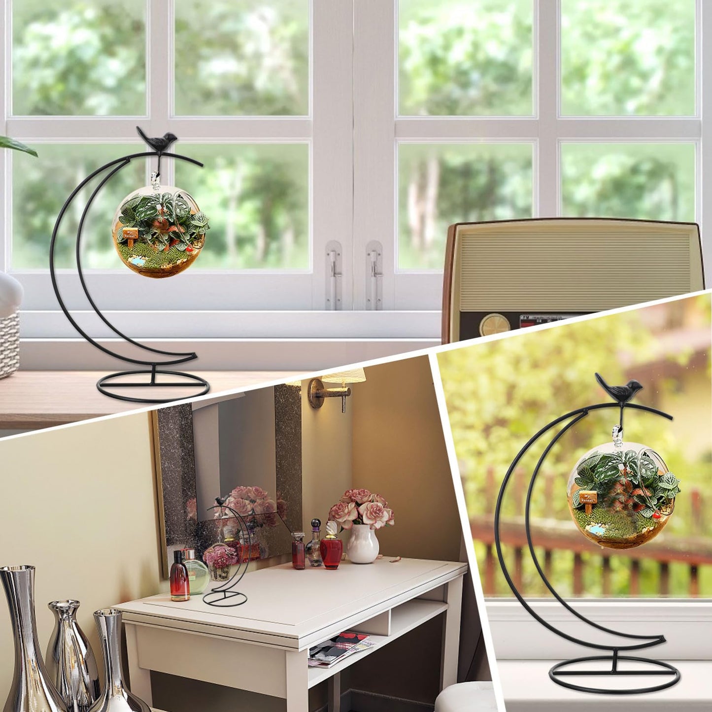 Garneck Moon-shaped Bird Iron Frame Display Stand for Indoor Decor Plant Terrarium Stand Ornament Hanger String