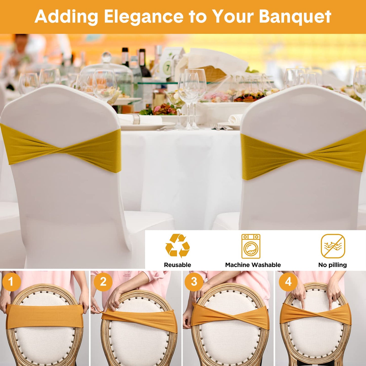 Frienda 120 Pieces Spandex Stretch Chair Sashes Bows, Elastic Chair Cover Bands Ties Without Buckle for Wedding Reception Events Universal Ceremony Banquet Decorations (Dark Gold)