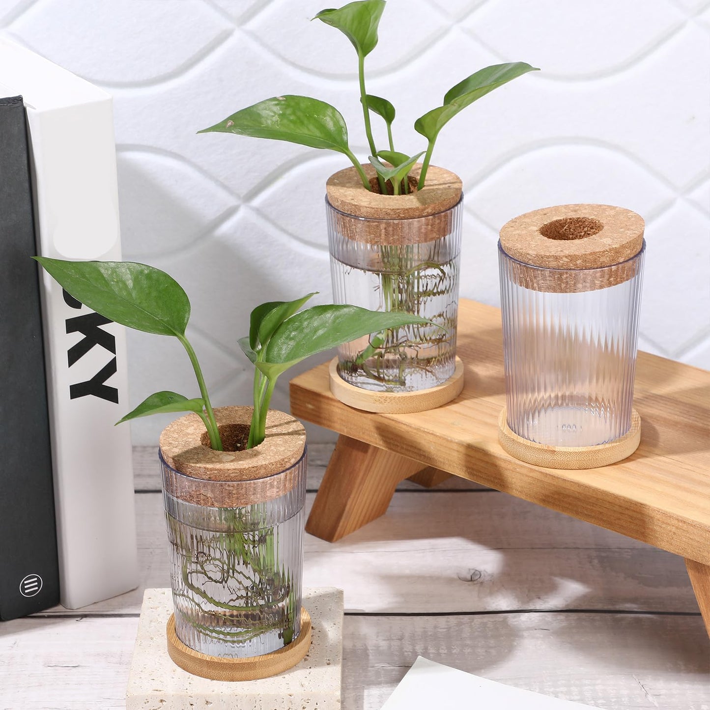 Baderke 9 Packs Propagation Vases for Plants Plastic Plant Propagation Station with Hole Lid and Bamboo Stand Growing in Water Hydroponic Home Office Table Decoration(Stripe Style)