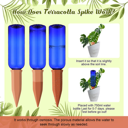SiliFine 6 Sets Plant Watering Devices Include Terracotta Self Watering Spikes and 26 oz Plastic Bottles, Slow Release Vacation Insert Automatic Plant Waterer Device (Dark Blue and Terracotta)