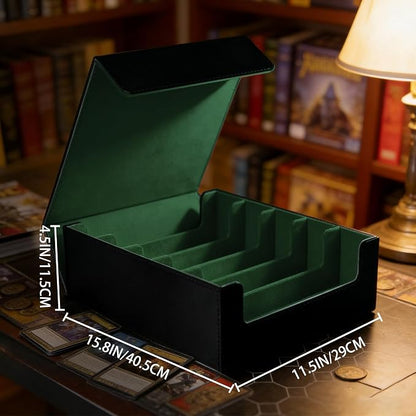 Magnetic Leather Trading Card Storage Box - 5-Row Deck Case Design, 3900+ Capacity for YuGiOh, MTG, TCG and Sports Cards, Includes 24 Colorful Dividers & 5 Card Supports (Black/Green)
