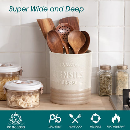 vancasso Sabine Ceramic Utensil Holder for Kitchen Counter, 7.2" Large Utensil Crock, Matte Cream Farmhouse Kitchen Utensil Holder, Countertop Organizer for Spoons, Spatulas and Cooking Tools