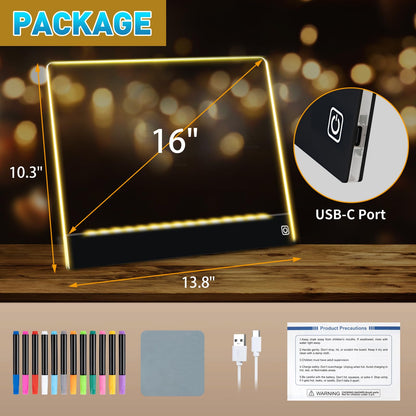 Rechargeable LED Drawing Board for Kids, 16" Light Up Acrylic Dry Erase Board, Lumi Board LED Note Board with Invisible Stand Glow Doodle Board Birthday Gifts for Kids Black