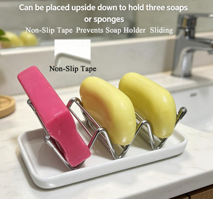 304 Stainless Steel Soap Holder with Ceramic Drain Tray, Rustproof Wire Rack Self-Draining Soap Dish Organizer for Bathroom Shower, Kitchen Sink, Countertop, Sponge Storage (Creamy White)