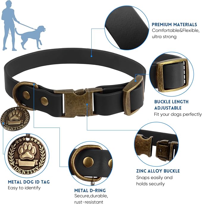 Wisedog Waterproof Dog Collar and Leash Set, Large, Black | Adjustable Puppy Collar, Cute Tag, 5FT Leash, Includes Poop Bag, For Small Medium Large Dogs