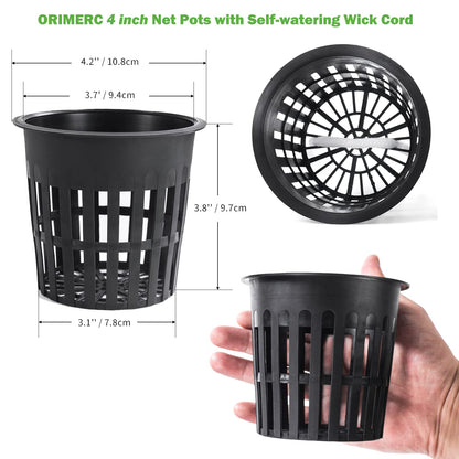ORIMERC 4 inch Net Pots, 20 Pack Net Cups with 20 feet Self-Watering Rope&Plant Labels, for Hydroponic Aquaponics Kratky Orchid Vegetable Indoor Outdoor Growing Baskets Nursery Slotted Mesh BPA Free