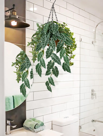 Fake Hanging Plant with Pot, Large Hanging Artificial Plants with Basket & Hanger Faux Greenery Plants Indoor Outdoor Decor Fake Alocasia Longiloba Plant in Pot for Wall Balcony Patio Office Bathroom
