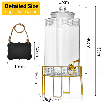 Drink Dispenser,2 Gallon Drink Dispensers for Parties,Beverage Dispenser with Stand,Glass Lid and Stainless Steel Spigot Leak-proof, Ideal for Lemonade,Juice, Tea, and Party Drinks
