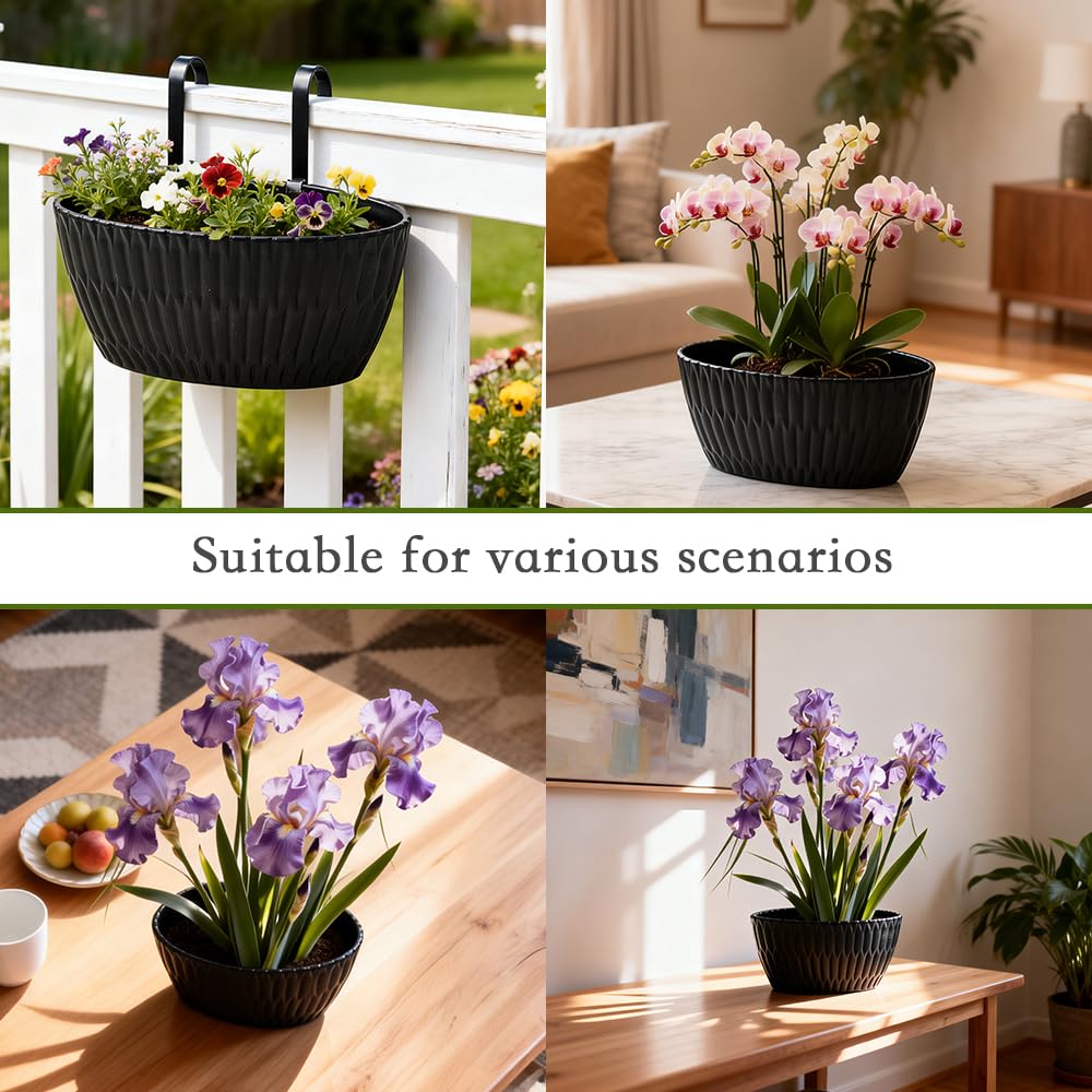 YUNLINGAA 9 Inch Hanging Flower Pots, 3 Pcs Black Railing Fence Hanging Bucket Planter with Detachable Hooks, Countryside Window Plant Holder for Outdoor Garden Yard Home Decor