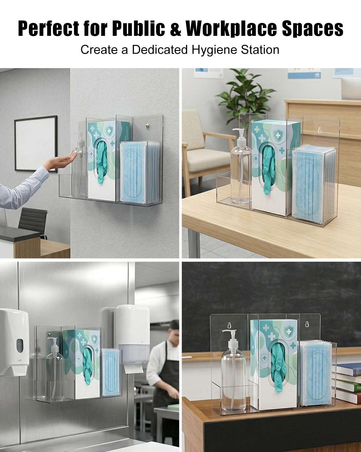 Triple Hygiene Dispenser Station, Clear Acrylic 3-Compartment PPE Organizer for Masks, Gloves & Hand Sanitizer, Wall Mount or Tabletop Hygiene Supply Holder for Office, Clinic, Restaurant, School