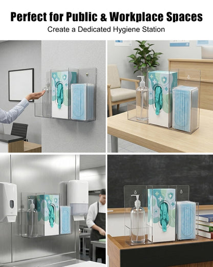 Triple Hygiene Dispenser Station, Clear Acrylic 3-Compartment PPE Organizer for Masks, Gloves & Hand Sanitizer, Wall Mount or Tabletop Hygiene Supply Holder for Office, Clinic, Restaurant, School