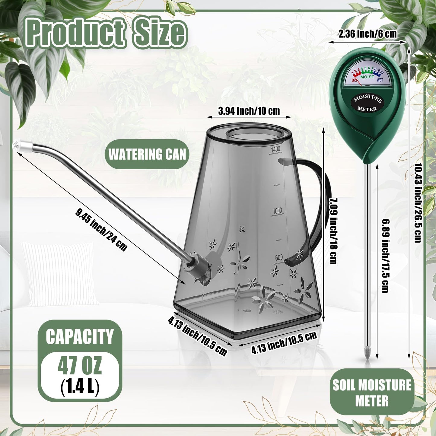 Ferrochef Indoor Plants Watering Can for Indoor Plants Long Probe Soil Moisture Meter Long Spout Watering Cans Water Monitor Indicator for Pot Flower House Gardening Farming(Gray,1.4 L,Trapezoid)
