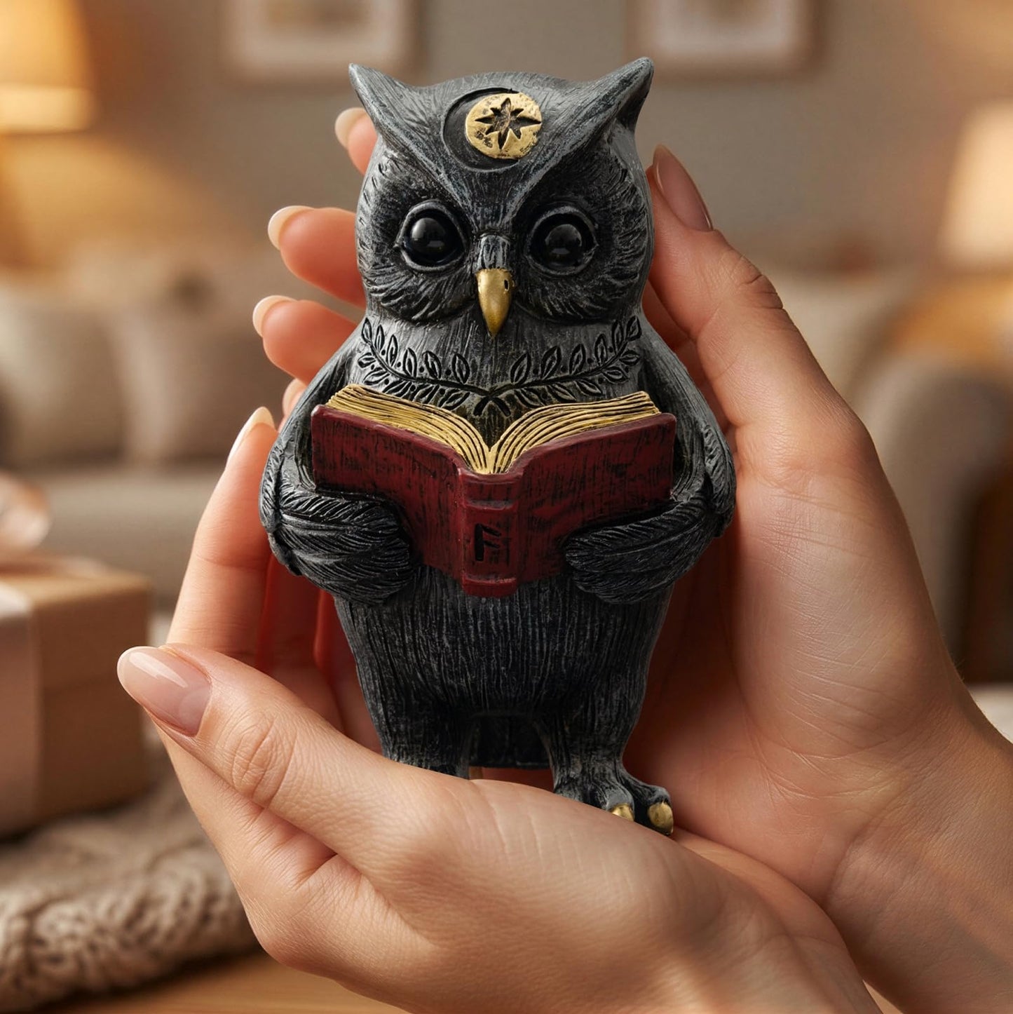 SOREFAFA Black Magic Cute Owl Reading Book Statue (3" L x 5.2" H) - Mystical Resin Figurine for Witchy Gothic Room & Dark Academia Bookshelf Decor - Gifts for Book Lovers, Wiccans, Halloween