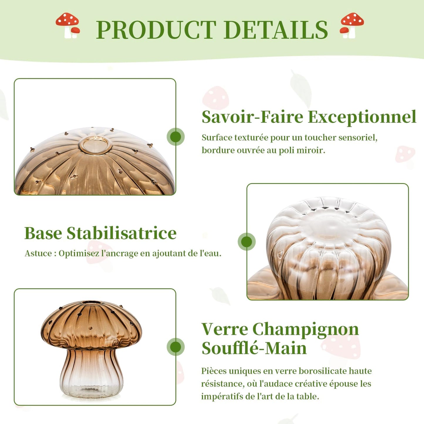 Glasseam Mushroom Plant Propagation Stations: Green Glass Terrarium Jar Set of 5 Cute Planters for Indoor Plants Mini Propagate Station Unique Christmas Birthday Gifts for Women Home Office Decor