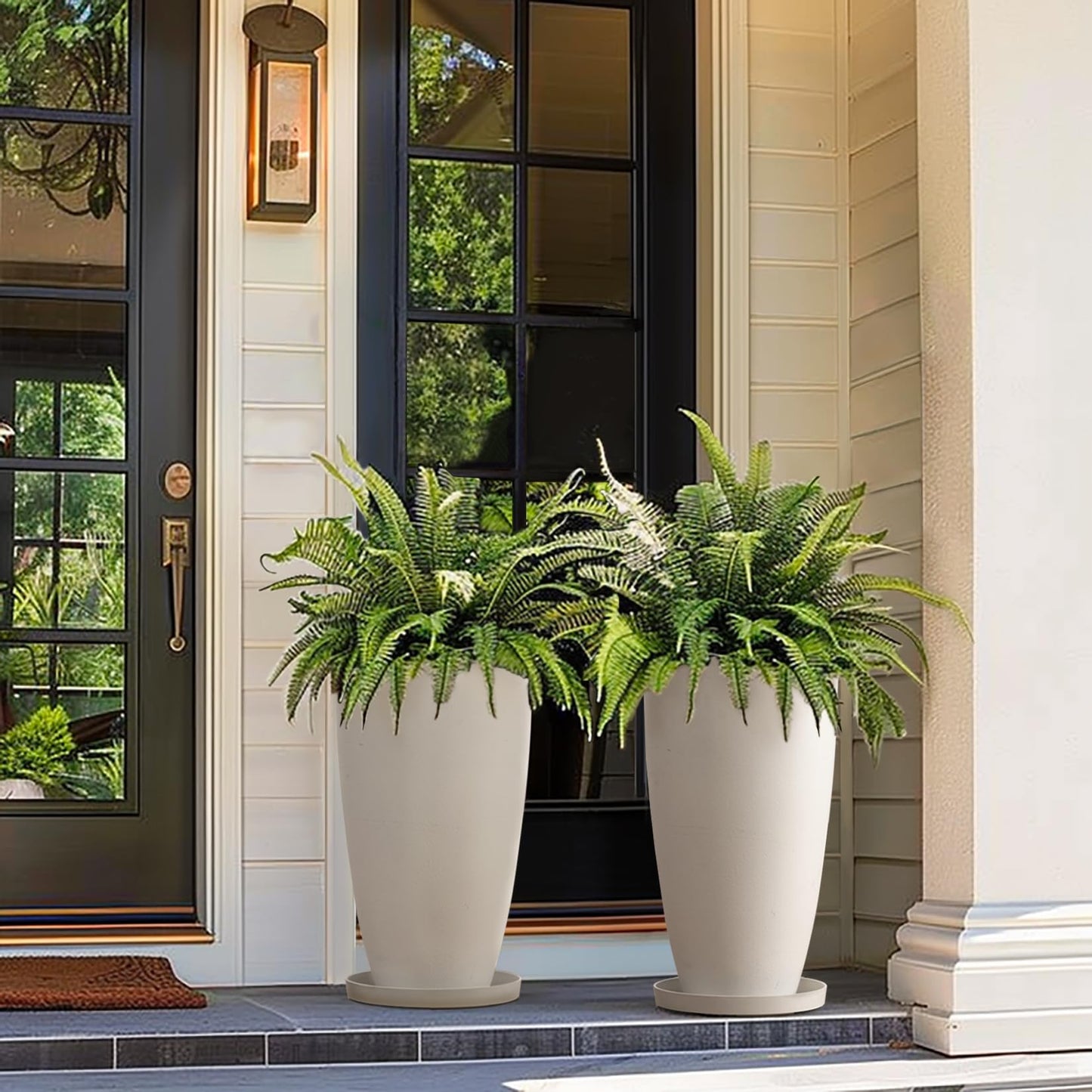 LA Jolie Muse Tall White Planters Set of 2,20 Inch Indoor/Outdoor Round Planters with Shelf Inset,Modern Large Planters with Drainage Holes for Front Door,Balcony and Patio Deck