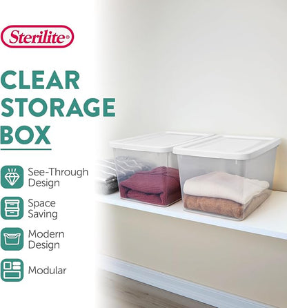 Sterilite 12 Pack Storage Boxes, Clear Plastic Stackable Containers, Lightweight Home Organizers with Snap Lids, 20 Quart, White