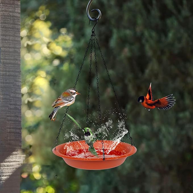 OVZILKI Bird Baths for Outdoors Heavy Duty, 10 inch BirdBath Bowl Only with Rust-Proof Black Chains, Hanging Bird Bath Hanging Bird-Feeder for Garden Backyard Decor (Terracotta 1 Pack)