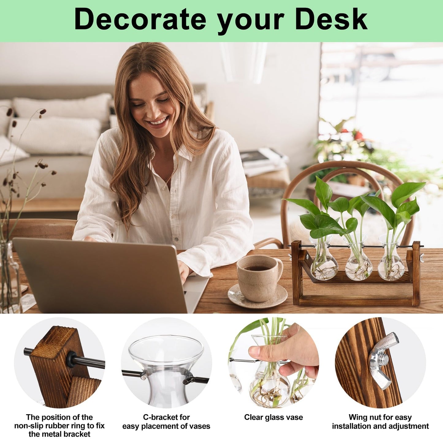YIBOT Propagation Stations,Plant Terrarium with Retro Wooden Stand, Unique Gardening Birthday Gifts for Women Plant Lovers, Hydroponics Plants Home Office Garden Decor - 3 Bulb Glass Vases