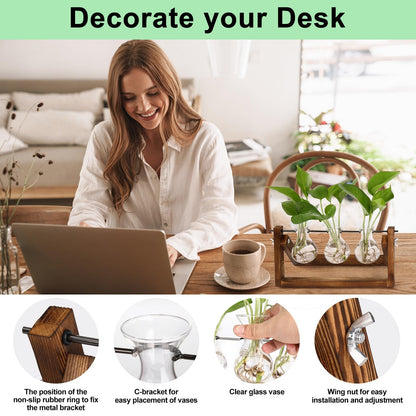 YIBOT Propagation Stations,Plant Terrarium with Retro Wooden Stand, Unique Gardening Birthday Gifts for Women Plant Lovers, Hydroponics Plants Home Office Garden Decor - 3 Bulb Glass Vases