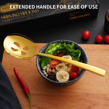 Keyoxy 8 Piece Stainless Steel Serving Spoons Set - 4 Large, 4 Slotted, 9.2-Inch, Dishwasher Safe, for Parties/Kitchen/Buffet/Catering,Gold