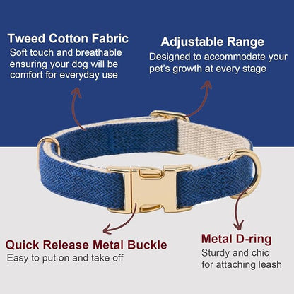 Soft Cotton Hemp Dog Collar with Metal Buckle Adjustable Tweed Dog Collars for Small Medium Large Dogs(Royal Blue,Large)