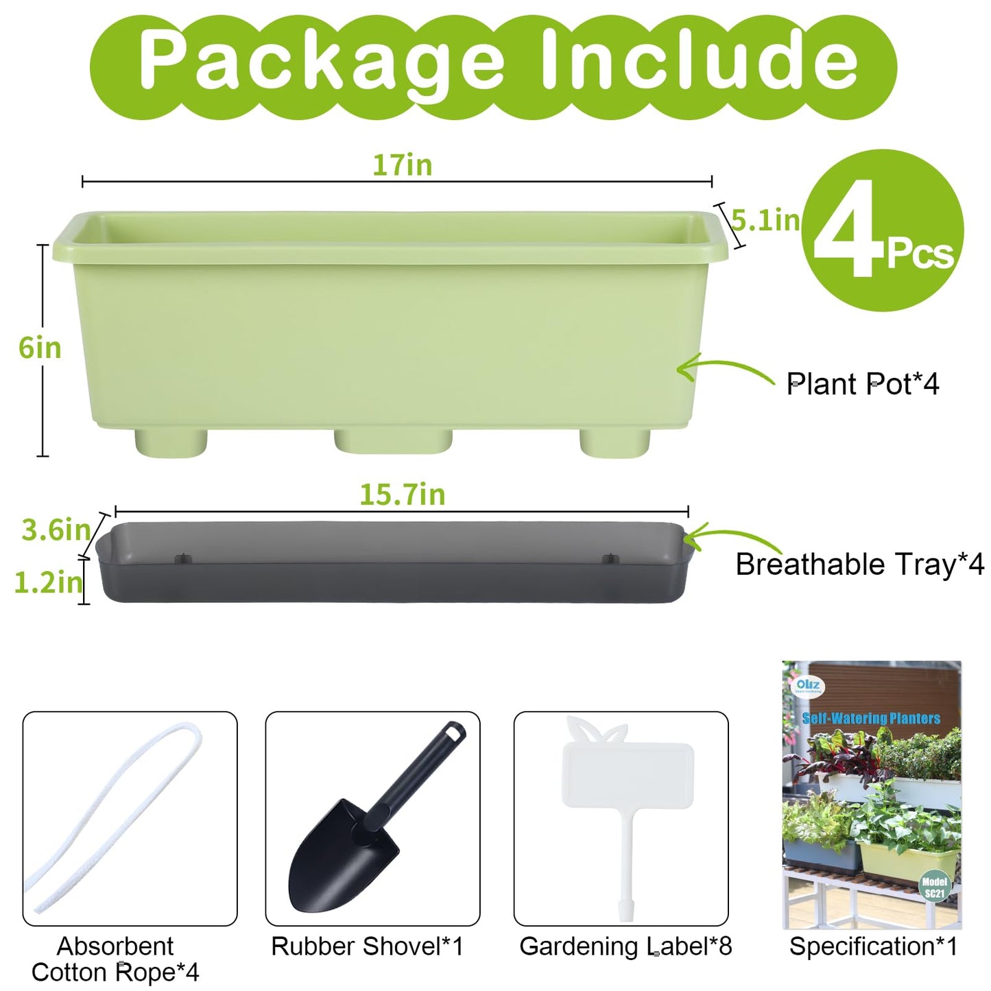 Window Box Planter 4 Packs, 17 Inches Rectangle Flower Pots with Drainage Holes & Trays, Pots for Vegetables, Herbs, Flowers, Garden Windowsill Balcony (Light Green, 17 * 5.1 * 6 inch)
