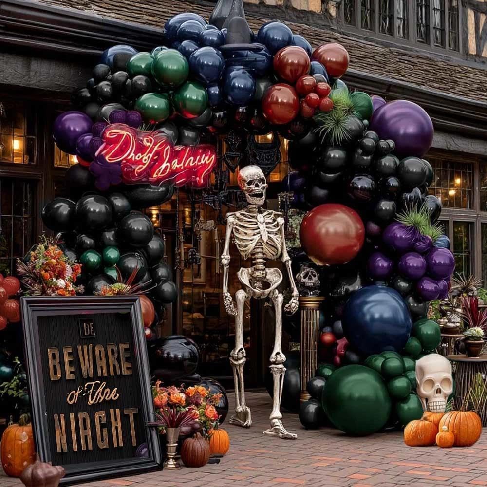 Halloween Balloon Arch Double Stuffed, Dark Green Navy Blue Burgundy Purple Black Balloon Garland Kit for Halloween Birthday Witch Gothic Spooky Magic Party Decoration