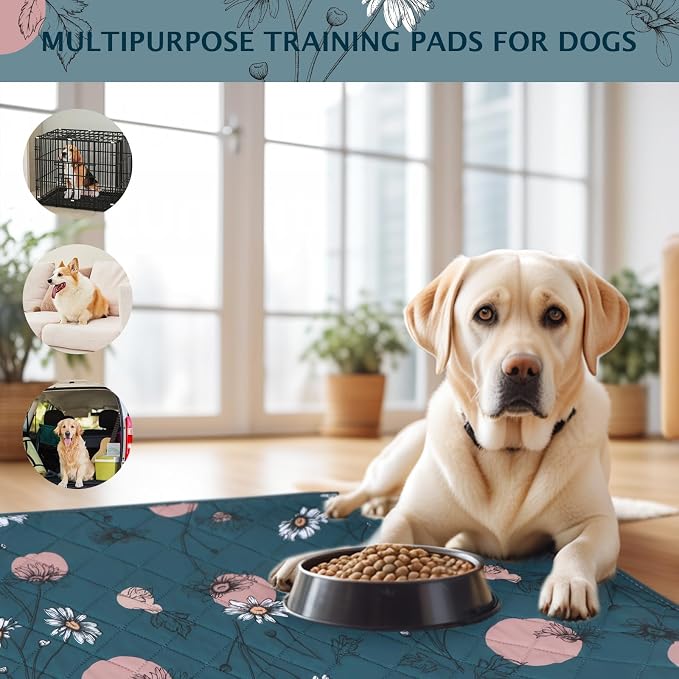 IEUUMLER Washable Pee Pads for Dogs, 2 Pack Non-Slip & Waterproof Pack Whelping Pad, Reusable Washable Puppy Potty Training Pad with Fast Absorbent for Playpen EU007 (Navy Blue Daisy, 42"X28"-2pcs)